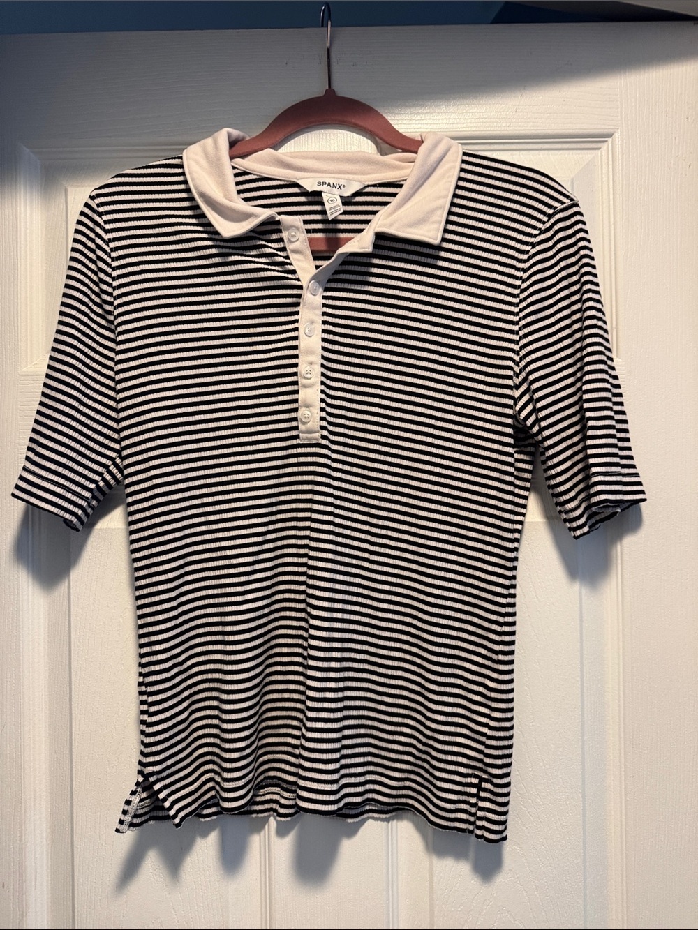 SPANX Black and White Striped Short-Sleeve Polo